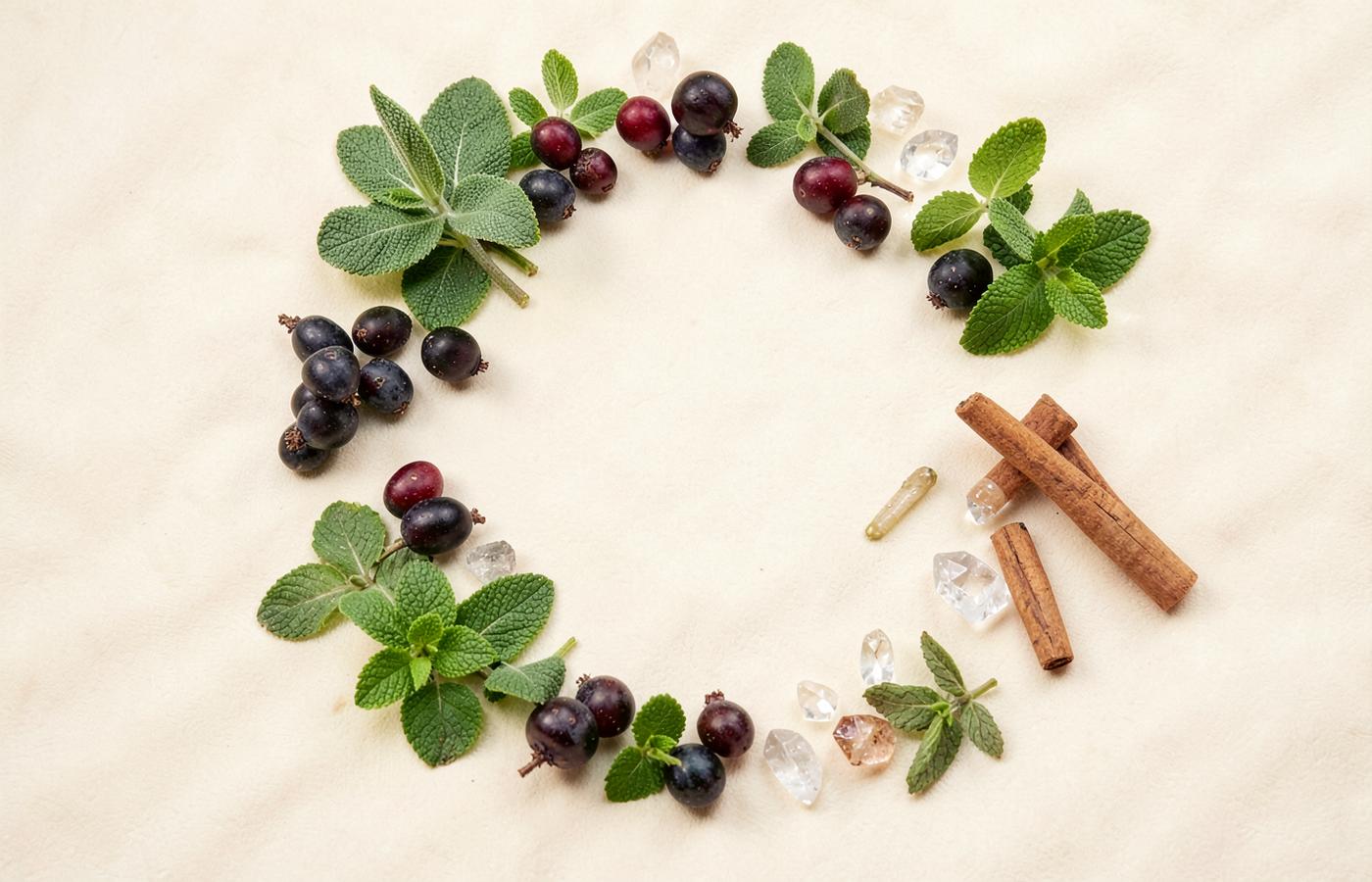Herbs, berries, cinnamon and mineral crystals representing Dentitox Pro ingredients
